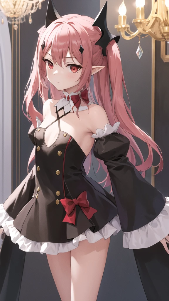 masterpiece, best quality, highres, aakrul, long hair, two side up, hair ornament, pointy ears, small breasts, frilled choker, red bow, bare shoulders, black dress, detached sleeves, sleeves past wrists. thighhighs, standing, cowboy shot, indoors, chandelier, night, looking at viewer,