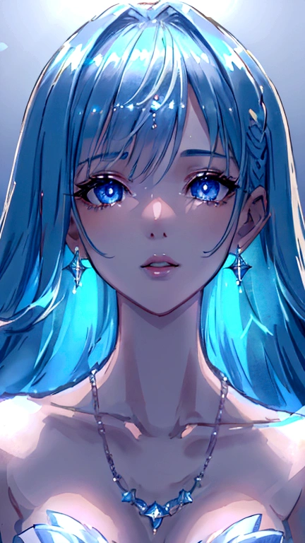 masterpiece, Highest quality, figure, Sax Blue, Platinum Earrings, Platinum Necklace, White Dress, One girl, cute, (Dynamic Lighting:1.2), Cinema Lighting, Delicate facial features, Fine grain, Sharp pupils, Realistic students, Depth of written boundary, Bokeh, Sharp focus, (Ultra-detailed, bloom, shine:1.4), Lots of little gems、Water Fairy、The shading is soft