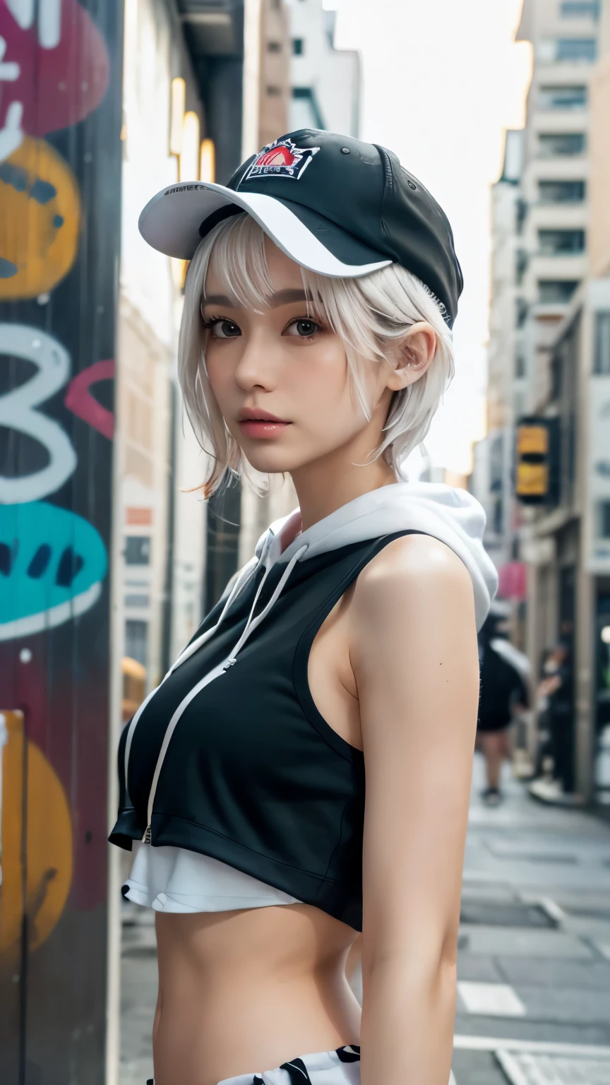 masterpiece, Highest quality, Very detailed, 8K, Realistic, One Girl, alone, Tomboy, Very detailed face, (head shot:1.5), Standing in front of a wall covered in hip hop graffiti, Pixie cut white hair, He is wearing a short tank top and an open-zipped hoodie..,I can see your chest,Nice ass,Wear a New Era cap,Facing forward