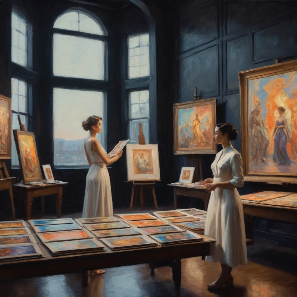 Long shot of an elegant woman looking at paintings in an dark art studio with skylight, room full of paintings, full body shot, art by J.C. Leyendecker, Canon 5d Mark 4, Kodak Ektar, neon light, painting