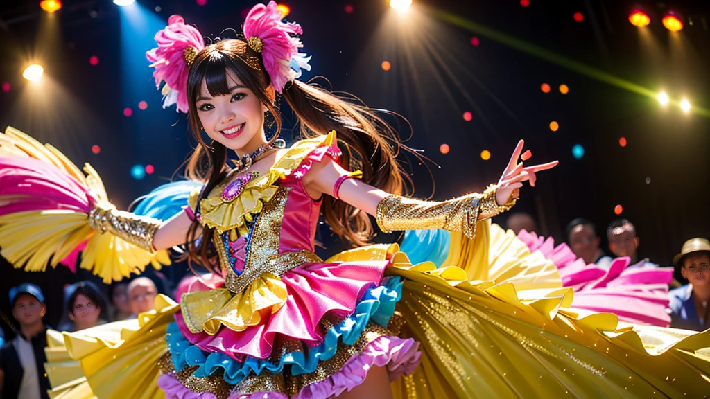 Realistic photos、18-year-old、(8K、Live Shooting、Realistic、Ultra-wide field of view:1.5)、1 Girl、(Woman with beautiful and perfect face、Expressing the joy of dancing through color、nice smile)、Looking into the camera、Long eyelashes、（Red lip gloss、Fine grain、Long Hair、High-positioned twin tails、Hold the microphone:1.5)、Glowing Skin、When the light hits it, the hair shines、Highest quality、Ultra-high resolution、(Colorful idol costumes、Glittering costumes、Costume with frills:1.5)、A live stage surrounded by a large audience、Bathed in the light on stage、Take a full body photo、Reduce depth of field、