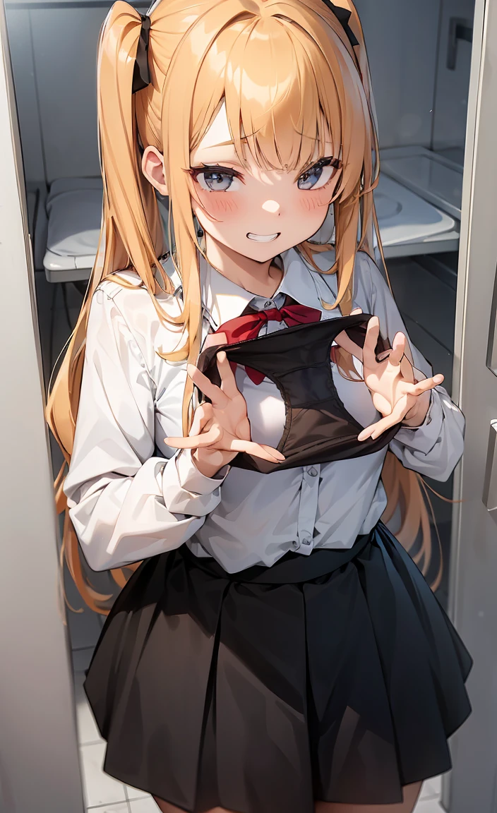 One girl,
Laundry room,washing machine, Laundry basket, a few underwears are in a Laundry basket,
Blonde, {{{Half Twin Tail:1.3}}}、break,blush, bow, 赤いbow, Long sleeve, shirt, 襟付きのshirt, skirt, プリーツskirt, 黒いskirt, Small breasts,
{{{Face close-up}}},Upper Body,,Pay attention to the panties,Quality underwear,Wet panties looking down,View your viewers,
Panties as a gift,
Tabletop, Highest quality, , Absurd, Perfect Skin, Detailed skin texture, Ultra-detailed, 8K, Intricate details, Beautifully detailed face,High resolution,
 {{{Shadowed face}}}, mock, {{{Grit your teeth:1.2}}}, Grin, smile, Looking down at the viewer, masterpiece,Absurd, Beautiful detailed face when viewed from the front,