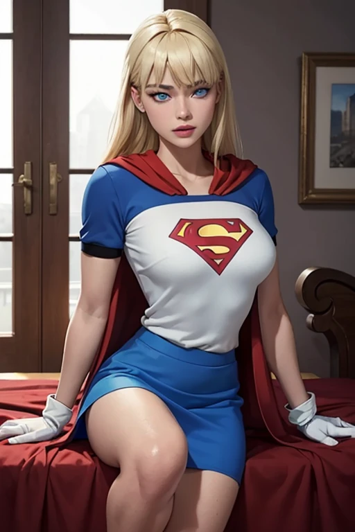 artwork, Crewe, Beautiful Art, Professional artist, 8K, Very rich facial details, Very detailed的头发, 1 girl, Super Girl (hair blonde, Long hair, Hair elasticity, blue eyes, Gloves, Red Cape, Blue short tight skirt, White shirt), Lying on the bed in the watchtower, hot, lust, excited, shy, Your hands explore your body, Thinking about girlfriend, Miss your lover, Upper camera, no label, Unbranded, Perfect dCRUn body, Pretty Face, very Delicate eyes, Red face, Complex details in eyes, Pursed lips, Perfect body, body cute, Extremely detailed, Complex details, Very detailed, Spitz focus, Skin detailed, realistic skin texture, texture, Delicate eyes, high resolution, Kodak Vision Color, photo_\(Extremists\), Post-Processing, Maximum details, Roughness, real life, Extremists realistic, photorealism, photography, , RAW photo, Highest quality, high detail RAW color photo, professional photo, Extremely detailed UHD 8K wallpaper unit, Best quality, high resolution, (artwork, Highest quality, high resolution:1.4), photo, Movie, Film Grain, Spitz, Soft natural light, magic photography, Super verbose