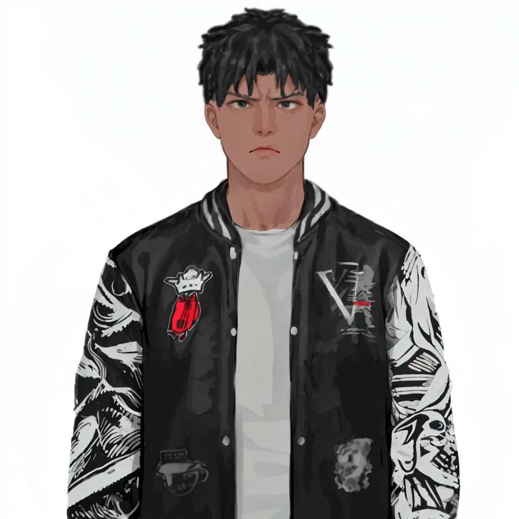 (masterpiece:1.2, best quality), (1men, solo, upper body:1.2),angry face,Hair: buzz cut, Clothing: oversized, distressed denim jacket with patches and pins, paired with black skinny jeans and combat boots, Hanging out in an underground music venue or street art exhibit