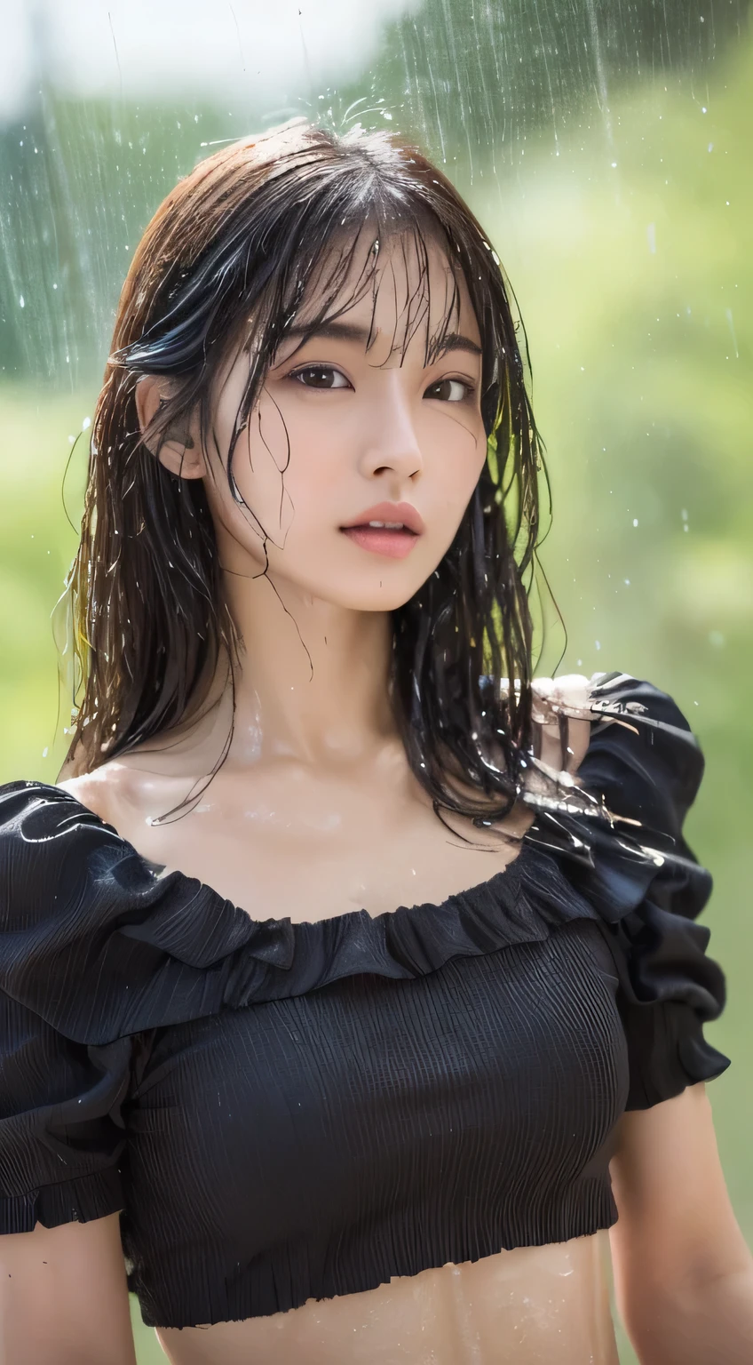 (Top Quality, 8k, Masterpiece: 1.3), ((Beautiful japanese girl)), Female 1 Person, (Breasts, Attractive Body: 1.2), Abs: 1.1, Dark Brown Hair: 1.1, (Wet Rain, Wet Body: 1.1), Ultra High Detail Face, Detailed Lips, Detailed Eyes,