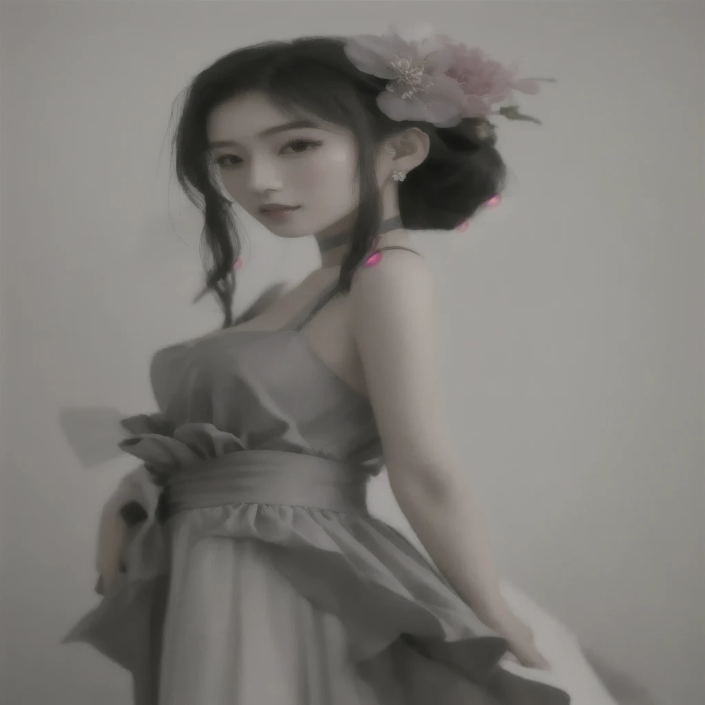 Arabian woman in a grey dress with flowers in her hair, Gorgeous Chinese Model, In the style of Urop, Inspired by Gao Sen, loose fitting dress, Cute and elegant pose, Inspired by Yanjun Chen, Inspired by Gao Qi Fang, Inspired by Takasho, sakimichan hdri, inspired by Han Gan, Yanjun Chent, Japanese Model