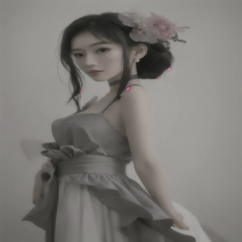 Arabian woman in a grey dress with flowers in her hair, Gorgeous Chinese Model, In the style of Urop, Inspired by Gao Sen, loose fitting dress, Cute and elegant pose, Inspired by Yanjun Chen, Inspired by Gao Qi Fang, Inspired by Takasho, sakimichan hdri, inspired by Han Gan, Yanjun Chent, Japanese Model