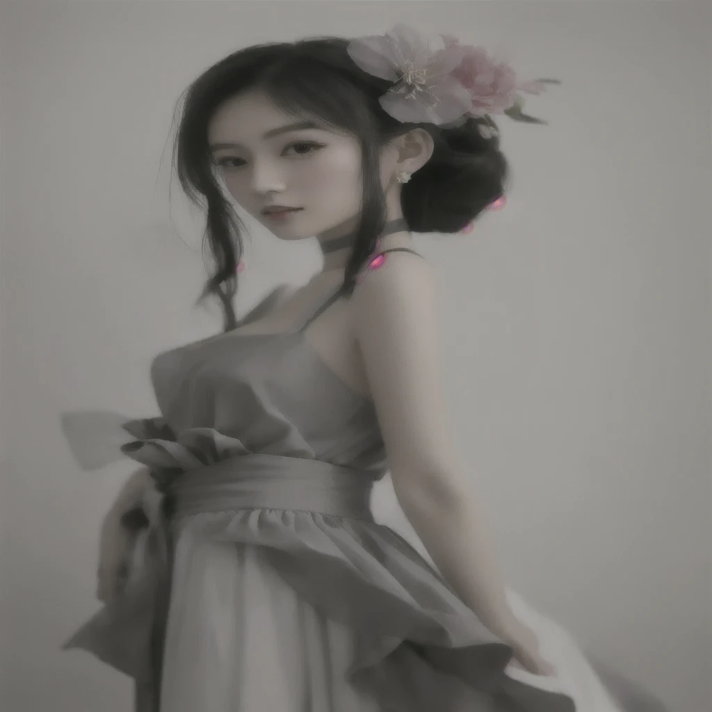 Arabian woman in a grey dress with flowers in her hair, Gorgeous Chinese Model, In the style of Urop, Inspired by Gao Sen, loose fitting dress, Cute and elegant pose, Inspired by Yanjun Chen, Inspired by Gao Qi Fang, Inspired by Takasho, sakimichan hdri, inspired by Han Gan, Yanjun Chent, Japanese Model