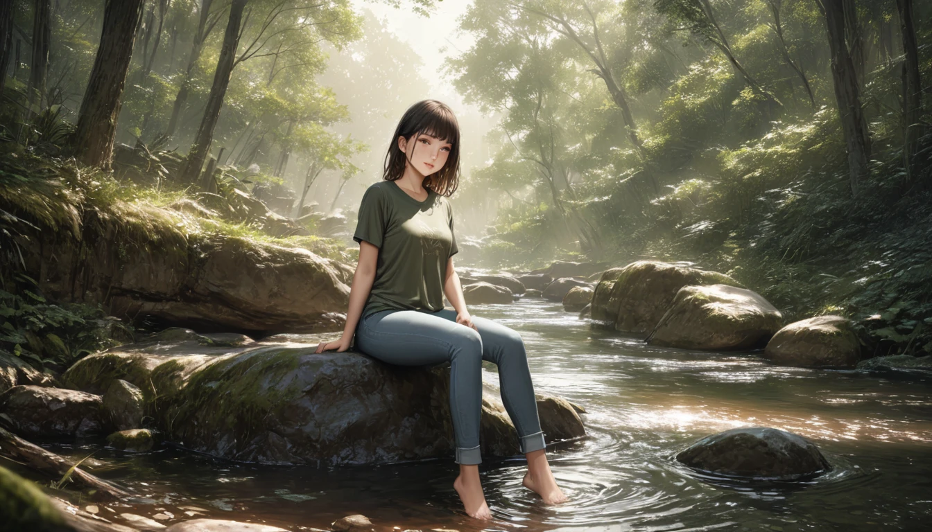 (Highest quality, masterpiece:1.2), Very detailed, Realistic:1.37, 8K, High resolution, Very detailed背景, Silhouette of a girl walking through a stream in a woodland, (Short sleeves and long pants、Jeans on a t-shirt), Forest Trees々々The sunlight shining through, A girl relaxing barefoot in a stream, Sitting on a rock, Beautiful scenery decorated with earth tones, A Hopeful Outlook, Expressions that evoke tender feelings in the viewer, Minimize depictions of people、Prioritize the view.