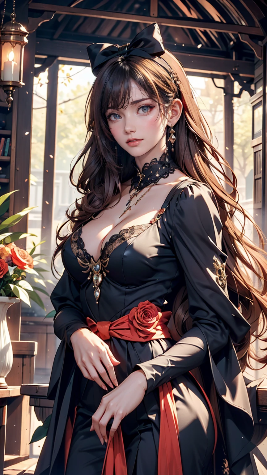 One girl, length_hair, bright_hair_color, Fascinating_eye, mysterious_Performance, mature_exterior, glamorous_Costume, Flowing_dress, elegant_jewelry, complicated_Decoration, magic_symbol, Shine_accessories, Portion, Scroll, cute_accent, bow, ribbon, Flowers,