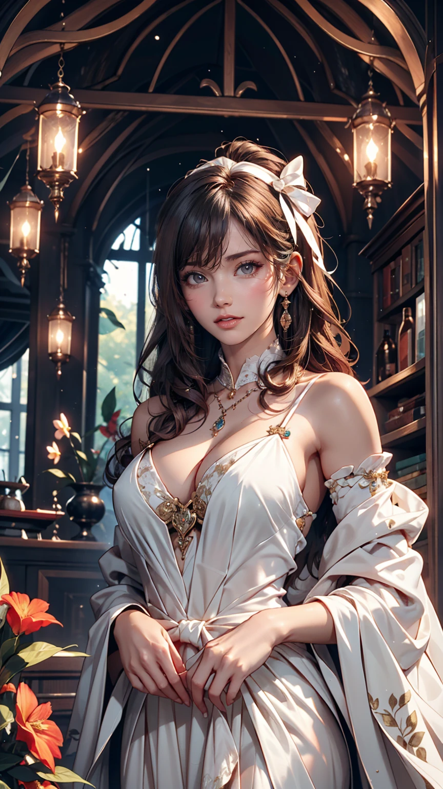 One girl, length_hair, bright_hair_color, Fascinating_eye, mysterious_Performance, mature_exterior, glamorous_Costume, Flowing_dress, elegant_jewelry, complicated_Decoration, magic_symbol, Shine_accessories, Portion, Scroll, cute_accent, bow, ribbon, Flowers,