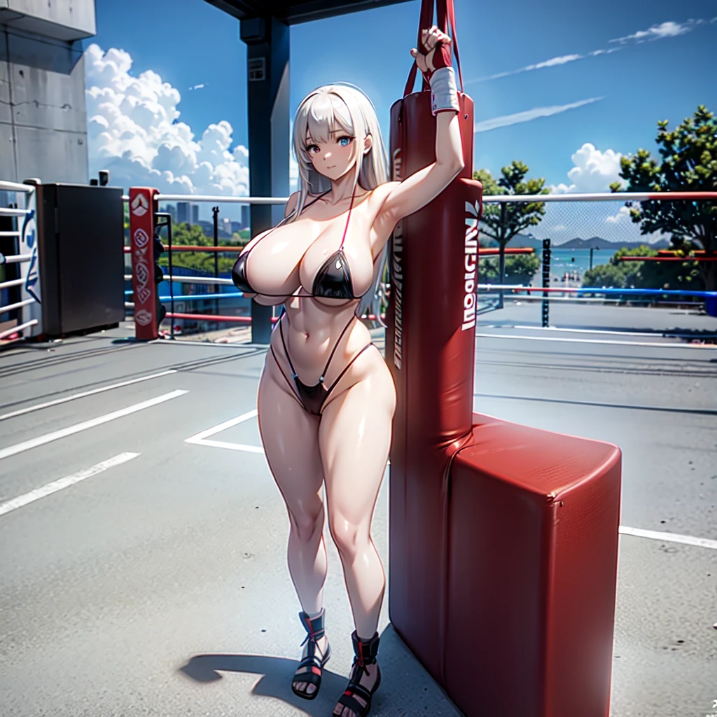 NSFW , Versus A Huge Object in the shape of a penist , Fullbody shot , Female boxing, Wear Monokini , So huge breasts.