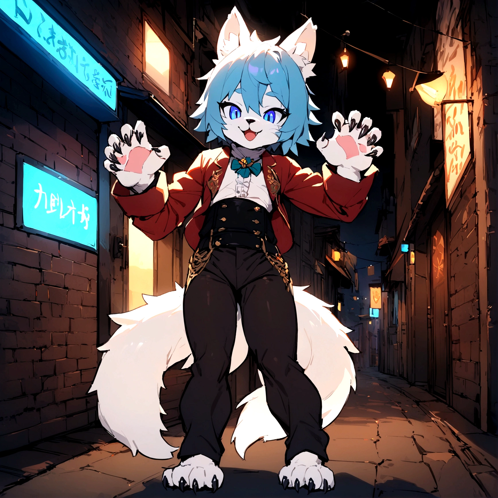 masterpiece,high quality,1 boy,(furry),wolf ears,fur purple,(claw pose),frontal face