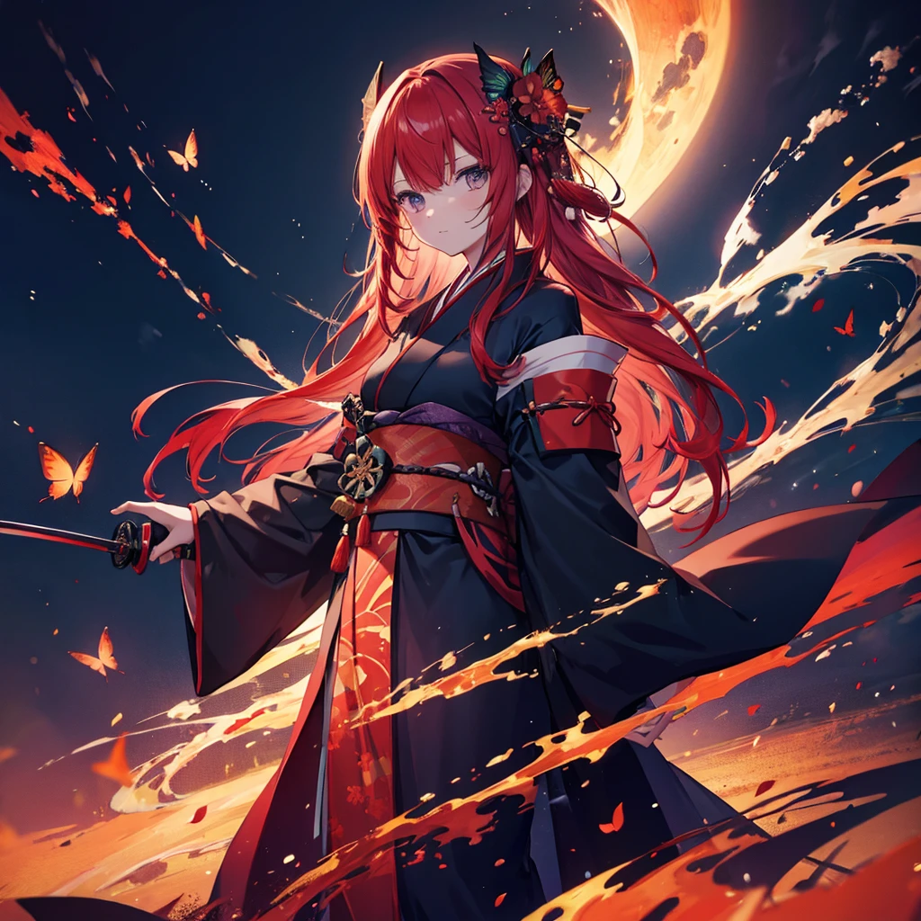 ((((Grasp the sword　1 person))))　(((Redhead　Long Hair　Black kimono　red band　Goddess of victory)))　((Red butterfly　night　Japanese style　shoulder　old))　(moon　star　autumn)　Shining Edge　Shining Background