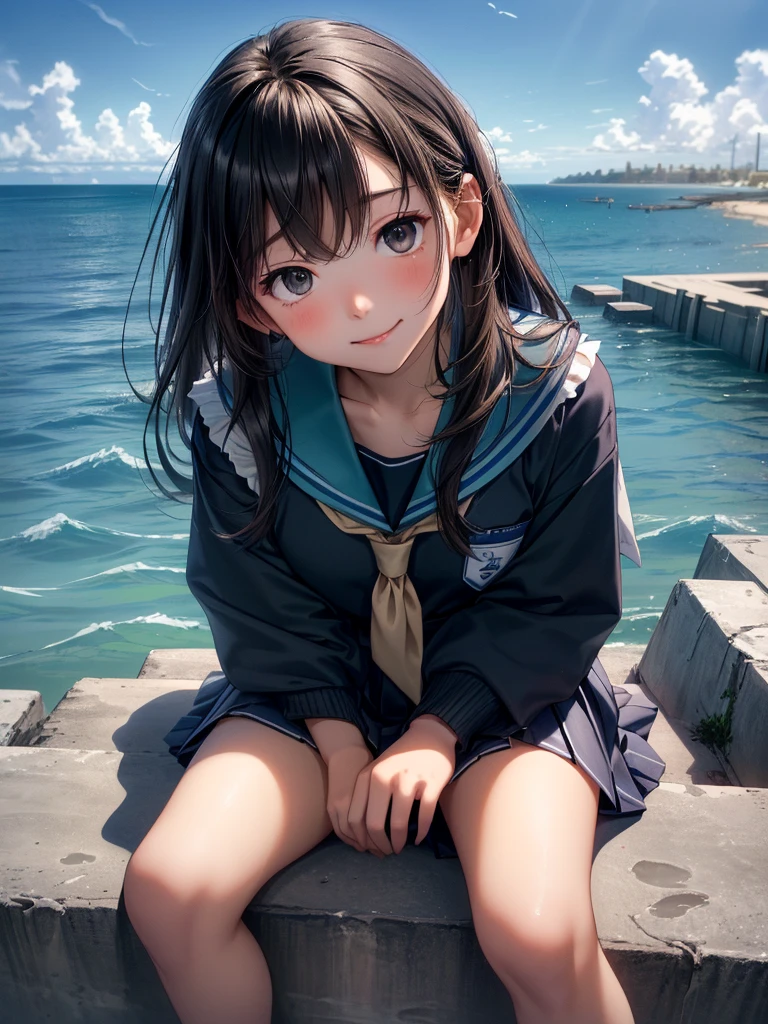 ((最high quality, 8K, masterpiece: 1.3, Ultra HD, high quality, 最high quality, High resolution, realism)) 、Very beautiful 18 year old Japanese schoolgirl、I'm wearing a sailor suit、Wearing a navy blue pleated skirt、Wear loafers、Hair  is light brown、black eye、Medium Hair、Straight hair、smile、sit on a high breakwater on the beach、The blue sky is beautiful、There is a road in front of the breakwater..、The sea is beautiful、Beautiful horizon、 An island is visible offshore、Entering the clouds above the horizon、Island Lighthouse