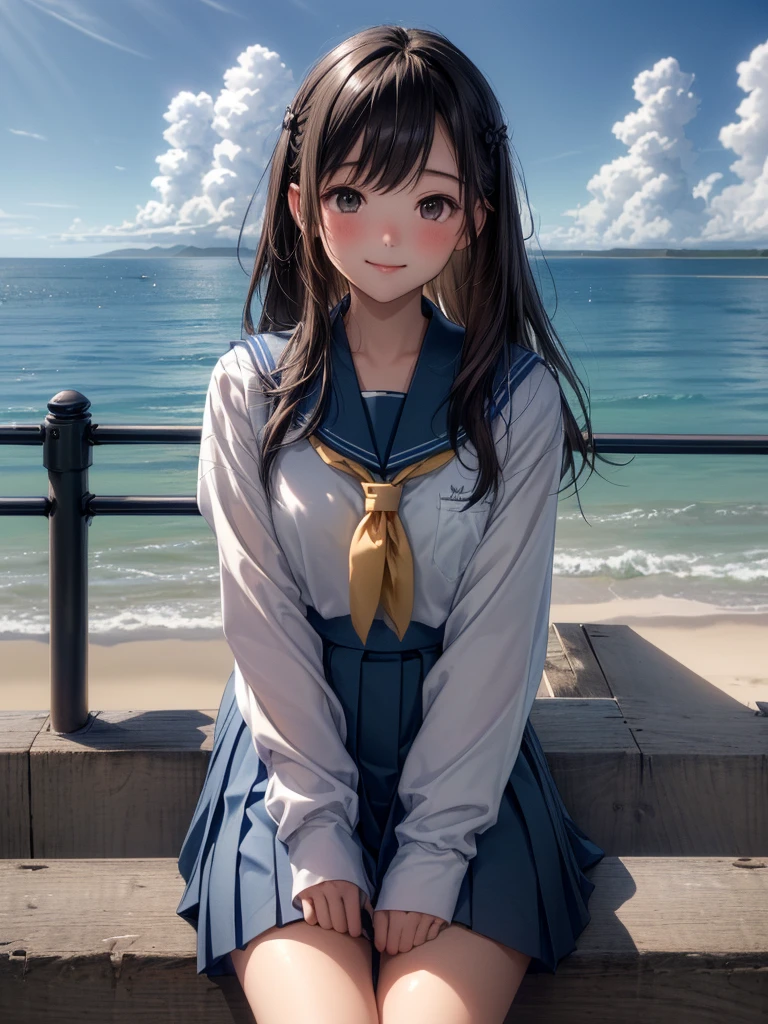 ((最high quality, 8K, masterpiece: 1.3, Ultra HD, high quality, 最high quality, High resolution, realism)) 、Very beautiful 18 year old Japanese schoolgirl、I'm wearing a sailor suit、Wearing a navy blue pleated skirt、Wear loafers、Hair  is light brown、black eye、Medium Hair、Straight hair、smile、sit on a high breakwater on the beach、The blue sky is beautiful、There is a road in front of the breakwater..、The sea is beautiful、Beautiful horizon、 An island is visible offshore、Entering the clouds above the horizon、Island Lighthouse