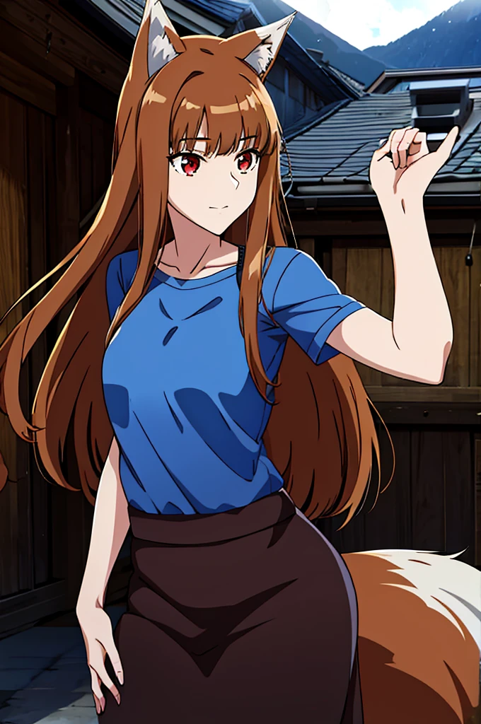 (masterpiece:1.3), (best quality:1.1), (8k, ultra detailed, ultra high res:1.2), ((anime style:)), (perfect 5 fingers:1.1), perfect anatomy, 
1girl, wolf girl, 
holo, 
BREAK long hair, wolf ears, fuffy hair in the ears, 
brown hair, 
red eyes, BREAK blue T-shirt, brown skirt, long skirt, 
small breasts,   
BREAK looking at viewer, 
cowboy shot, 
standing, 
perfect light, 
outdoor, outside, city, cityscape, (village:1.3), 