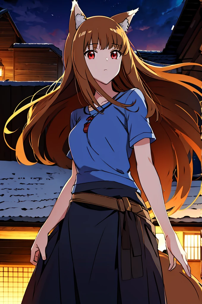 (masterpiece:1.3), (best quality:1.1), (8k, ultra detailed, ultra high res:1.2), ((anime style:)), (perfect 5 fingers:1.1), perfect anatomy, 
1girl, wolf girl, 
holo, 
BREAK long hair, wolf ears, fuffy hair in the ears, 
brown hair, 
red eyes, BREAK blue T-shirt, brown skirt, long skirt, 
small breasts,   
BREAK looking at viewer, 
cowboy shot, 
standing, 
perfect light, 
outdoor, outside, city, cityscape, (village:1.3), 