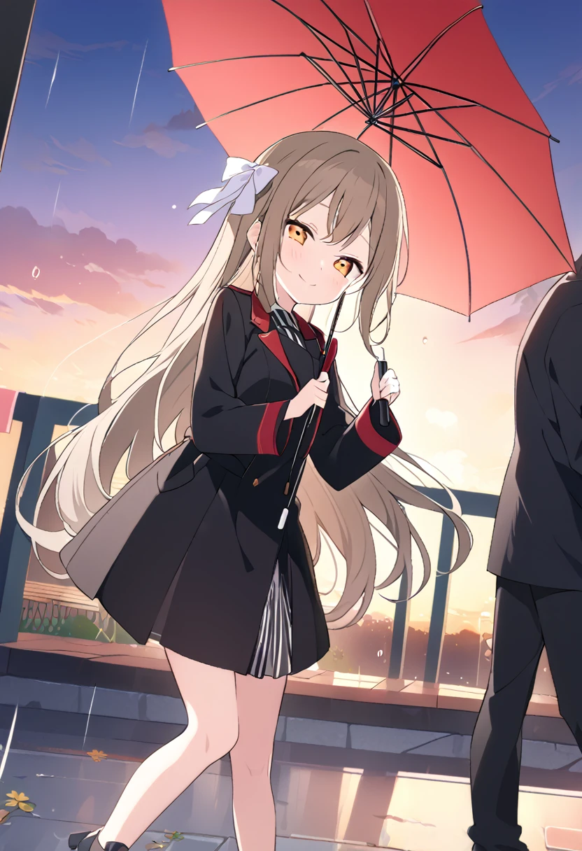 1people々 girl Shizuku Sakurazaka Brown Hair Very long hair Black Uniform sunset rain I'm sticking an umbrella Big Red White Hair Ribbon smile