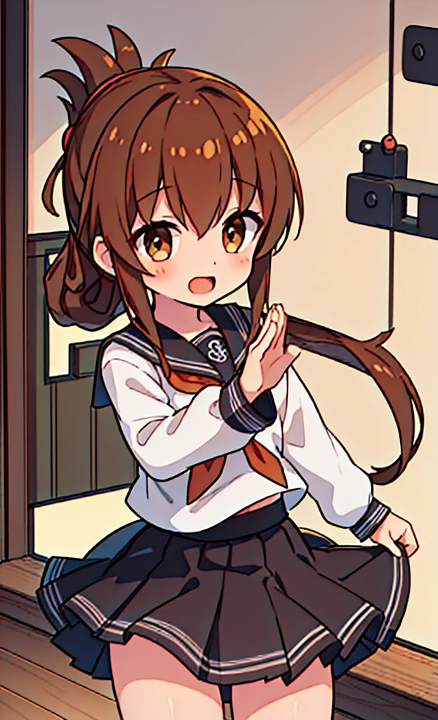 masterpiece,Highest quality,1 Girl,alone,Pokémon-like art style, inazuma \(kancolle\), brown hair, folded ponytail, long hair, brown eyes, (excitement:1.1), skirt lift, (Manly gestures1.1), 
