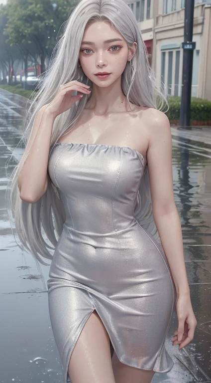 ((Highest quality, 8K, masterpiece:1.3)), concentrated: 1.2, Perfect Body Beauty: 1.4, Hips: 1.2, ((Long Hair)), (Wet clothes: 1.1) , (rain, street:1.3), Bandeau dress: 1.1, Highly detailed face and skin texture, Fine grain, double eyelid, White skin, smile, Big Breasts(((silverhair)))