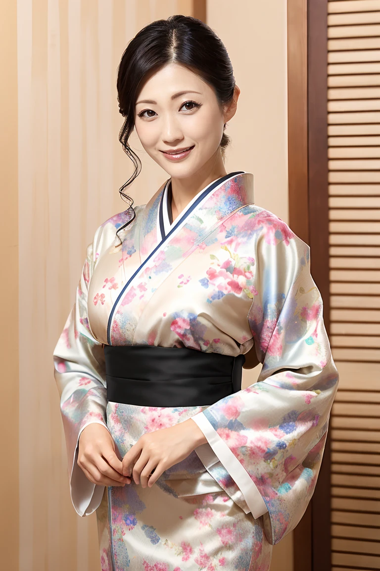 (最high quality、Tabletop、8K、Best image quality、Award-winning works)、(一人のbeautiful成熟した女性:1.1)、Adult face、(Innkeeper:1.1)、(Elegant floral kimono:1.2)、(A kimono with a perfect and precise collar:1.2)、Perfect mature woman portrait photo、Glowing Skin、Standing Elegantly、(Blurred elegant and exquisite perfect Japanese style room background:1.3)、(The most natural and perfect tidy Japanese style room background:1.2)、Glowing White Skin、Very white skin、(Accentuate your body lines:1.1)、(The most graceful posture:1.2)、(Large Breasts:1.2)、A perfect smile、完璧なbeautiful光沢のある唇、(Accurate anatomy:1.2)、(A perfect and elegant outfit:1.1)、(Standing with good posture:1.1)、(beautiful, high quality, Large kimono obi:1.2)、(Long kimono:1.2)、(完璧で自然なbeautiful袖:1.2)、(完璧で自然なbeautiful衿:1.2)、(完璧で自然なbeautiful着物:1.2)、(完璧で自然なbeautiful袂:1.2)、(完璧で自然なbeautiful帯締:1.2)、(Chignon:1.1)