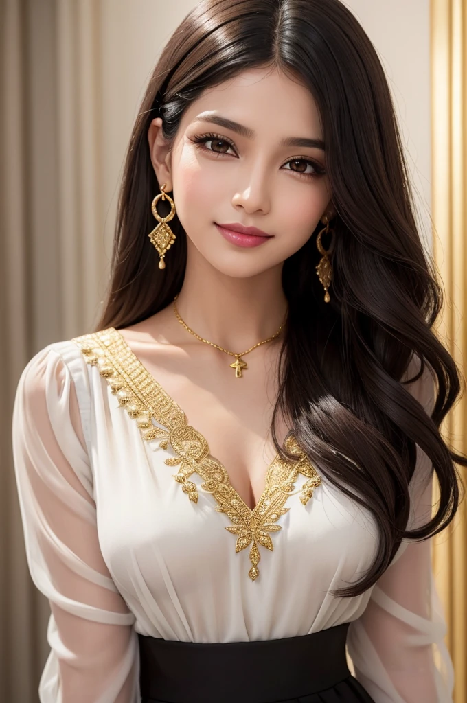 "A woman with light brown skin and long, slightly wavy black hair. She wears light makeup with eye highlights with eyeliner and eyeshadow, as well as vibrant pink lipstick. She wears a white blouse with black details and wears a pair of large gold earrings, as well as a delicate gold necklace. His look is direct and friendly, with a slight smile on his lips. The lighting is soft and the background is clear and blurred."
