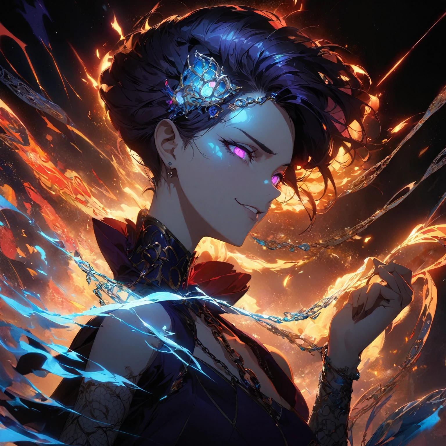 Woman with the super power Chain Soul,Dark and dramatic background,Hints of her power theme with ethereal chains,Sparks illuminating the character,Environment enhancing the fiery and powerful theme,Dynamic pose that looks natural, (nude:0.8) Conniving/scheming facial expression with narrowed, slanted eyes,Sly smirk,Arched eyebrows,Unique hairstyle,Concept art fashion outfit,Dark, intricate top with ethereal chain patterns,Arm and hand accessories with mystical symbols,Bottom with sleek, flowing fabric,Leg accessories like dark, elegant boots with ethereal accents,Hair accessories with small chains and mystical gems,Head accessory like a subtle crown or headband with glowing elements,Color scheme of dark purples, blacks, and fiery oranges,Additional elements like floating, glowing symbols,A subtle aura around the character, detailed gorgeous face| anime style| key visual| intricate detail| highly detailed| breathtaking| vibrant| panoramic| cinematic| Carne Griffiths| Conrad Roset| gibbli 8k
