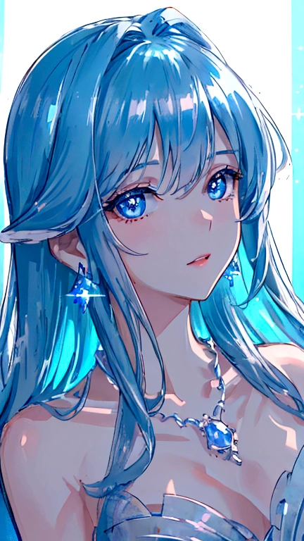 masterpiece, Highest quality, figure, Sax Blue, Platinum Earrings, Platinum Necklace, White Dress, One girl, cute, (Dynamic Lighting:1.2), Cinema Lighting, Delicate facial features, Fine grain, Sharp pupils, Realistic students, Depth of written boundary, Bokeh, Sharp focus, (Ultra-detailed, bloom, shine:1.4), Lots of little gems、Water Fairy、The shading is soft、In the sea