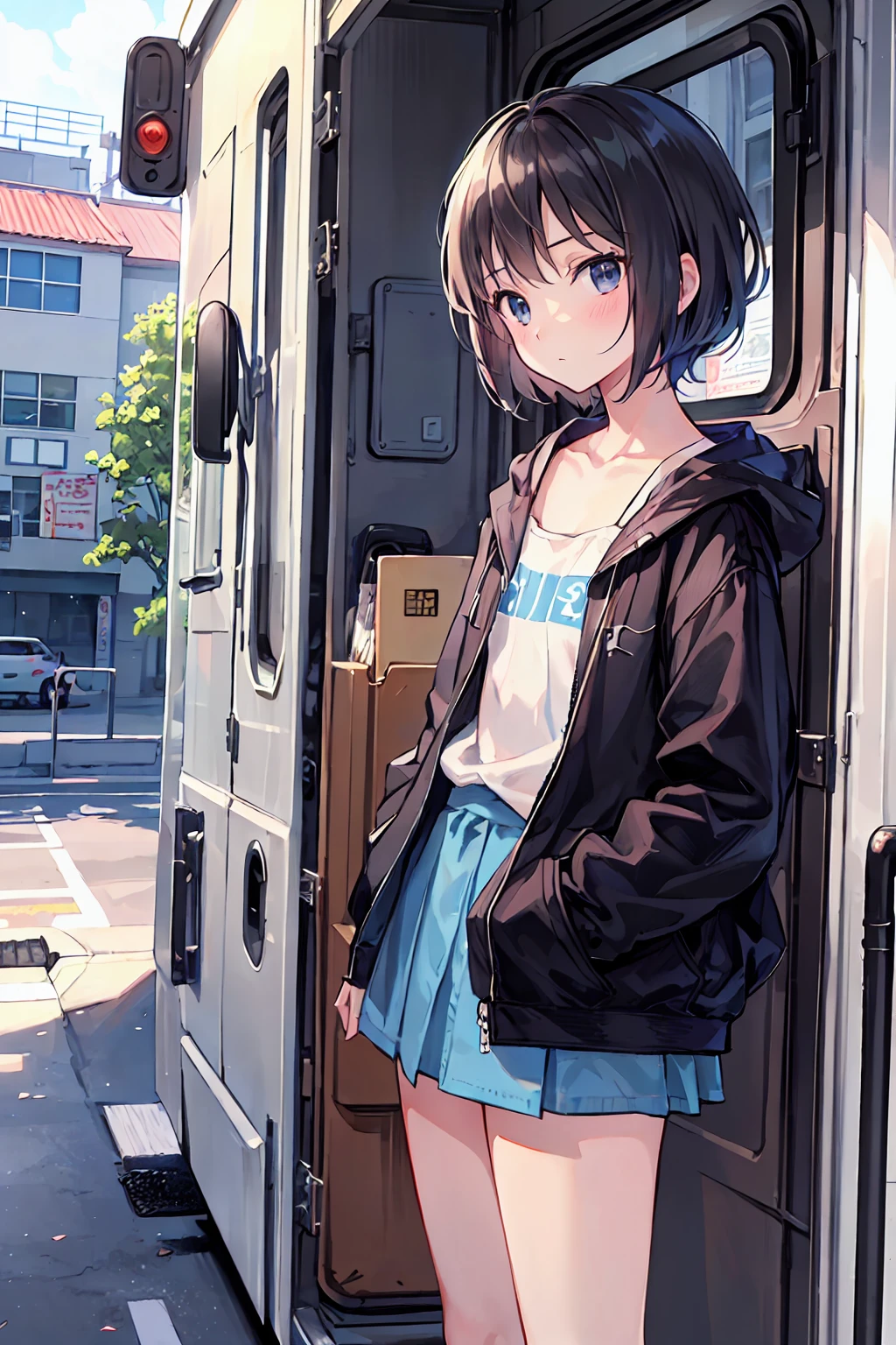Portraiture, documentary, photograph, A girl is 13 years old gender-neutral middle school student with short black hair and , 楽しい表情でCommuting路を歩いている, short hair, , Commuting route, high quality, Realistic, Eye-level shot, Medium Shot, Front view, Natural light, Commuting,break,One girl, (alone, face,13 years old:1.5),, The charm of androgyny, (Very short hair), Flat Chest, Small Ass, Beautiful and exquisite black eyes, blush,break,((最high quality,Anime Style, Super detailed,High resolution,Highly detailed CG,unity 8k wallpaper,By famous artists,Perfect Anatomy,Highly detailed skin,Cinema Lighting)),
