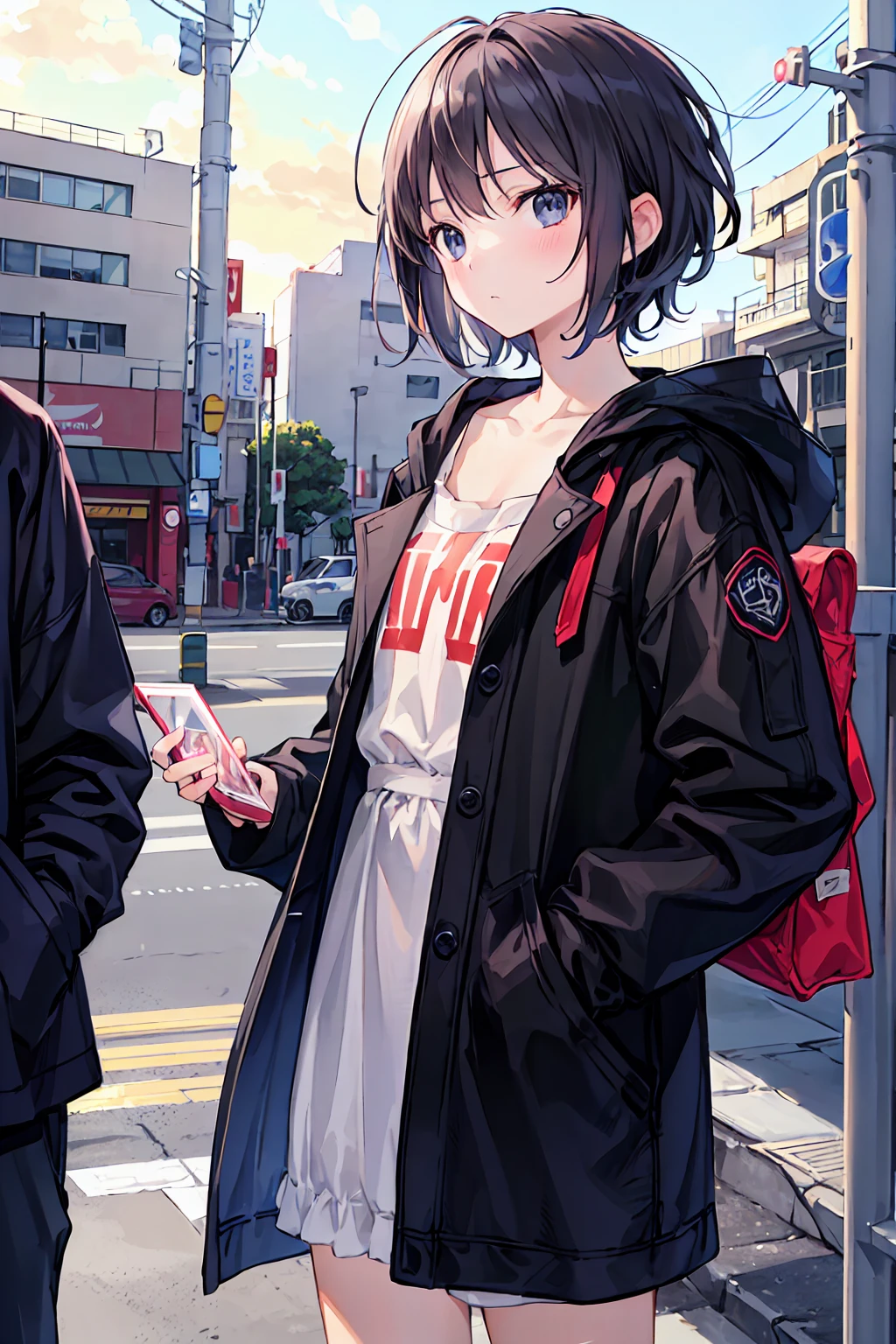 Portraiture, documentary, photograph, A girl is 13 years old gender-neutral middle school student with short black hair and , 楽しい表情でCommuting路を歩いている, short hair, , Commuting route, high quality, Realistic, Eye-level shot, Medium Shot, Front view, Natural light, Commuting,break,One girl, (alone, face,13 years old:1.5),, The charm of androgyny, (Very short hair), Flat Chest, Small Ass, Beautiful and exquisite black eyes, blush,break,((最high quality,Anime Style, Super detailed,High resolution,Highly detailed CG,unity 8k wallpaper,By famous artists,Perfect Anatomy,Highly detailed skin,Cinema Lighting)),