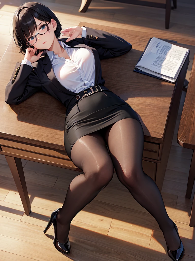 masterpiece, best quality, high definition images, atmospheric perspective, expressive eyes, perfect face, ultra detailed, solo, 1mature seductive woman lying down on her back, pinup, alluring pose, female teacher, black short bob hair, simple glasses, business suit, blouse, pencil skirt, tight mini skirt, lifting skirt, open legs, black panties, curvy, thighs, pantyhose, high heals, from above, in study room,