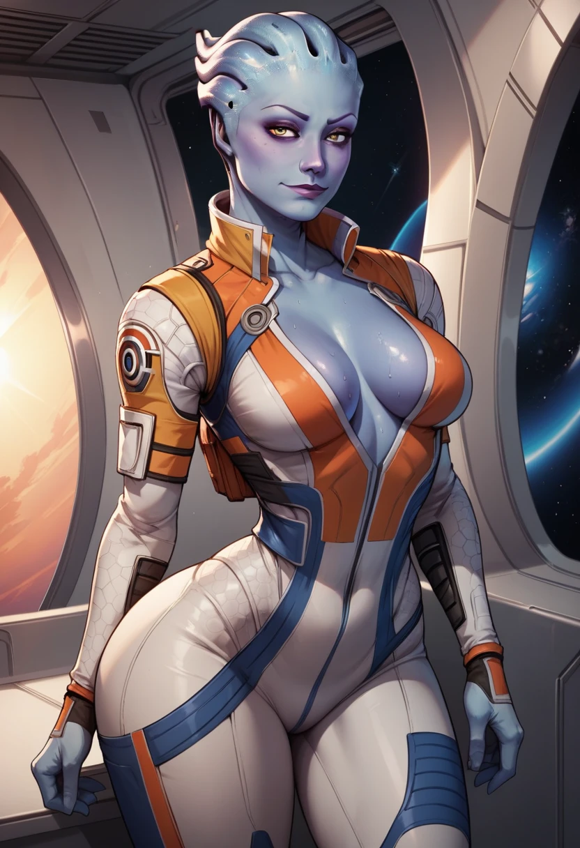 score_9, score_8_up, score_7_up, score_6_up, BREAK Asari from Mass effect, Sci-fi outfit, cleavage, medium breasts, seductive smirk,sweating, wide hips, big ass, on a spaceship, in space