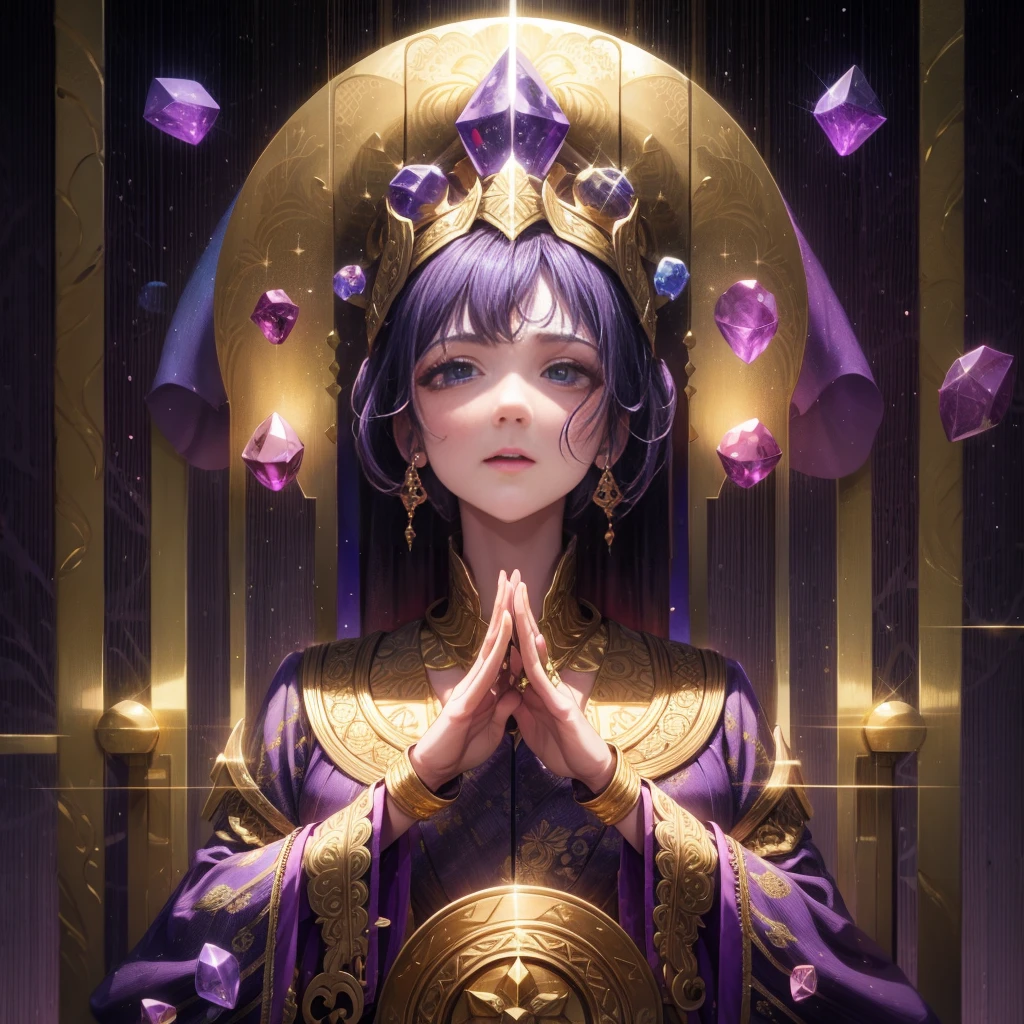 The whole face is full of gold and purple interweaving,There are many gorgeous carvings all over the body,Let them coexist,This can also be done around the eyes. The entire surface should be transparent purple and gold,No other colors.,Does not contain any other colors.,Amethyst and gold veins are transparent,There should be a lot of crystal effects like transparent crystal,Add some gold thread for decoration。The color changes to purple and gold,Some purple and gold(Ensure its layering and armor texture,Purple is the main color,Add some gold for decoration)