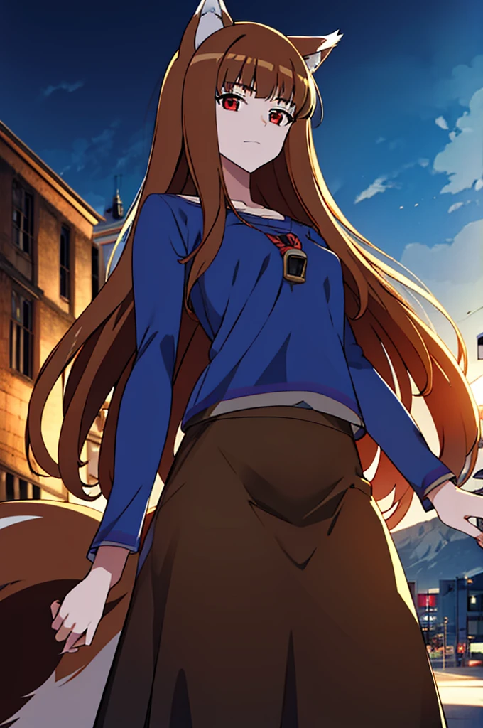 (masterpiece:1.3), (best quality:1.1), (8k, ultra detailed, ultra high res:1.2), ((anime style:)), (perfect 5 fingers:1.1), perfect anatomy, 
1girl, wolf girl, 
holo, 
BREAK long hair, wolf ears, fuffy hair in the ears, 
brown hair, 
red eyes, BREAK blue T-shirt, brown skirt, long skirt, 
small breasts,   
BREAK looking at viewer, 
cowboy shot, 
standing, 
perfect light, 
outdoor, outside, city, cityscape, 