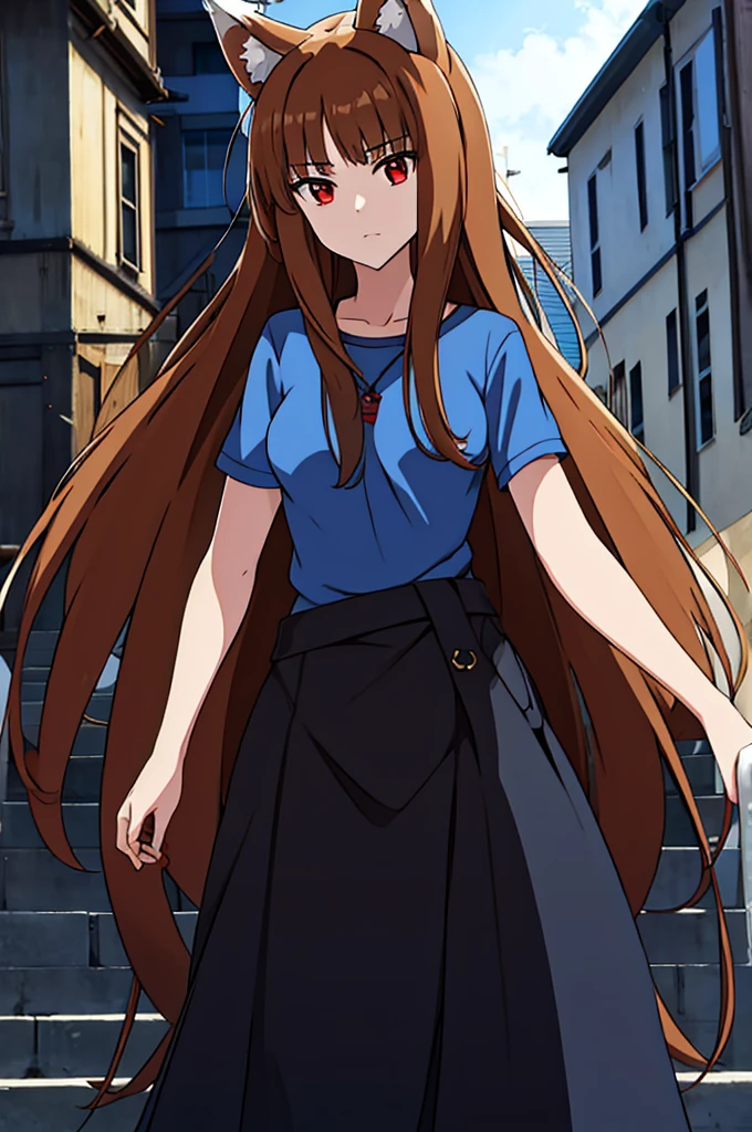 (masterpiece:1.3), (best quality:1.1), (8k, ultra detailed, ultra high res:1.2), ((anime style:)), (perfect 5 fingers:1.1), perfect anatomy, 
1girl, wolf girl, 
holo, 
BREAK long hair, wolf ears, fuffy hair in the ears, 
brown hair, 
red eyes, BREAK blue T-shirt, brown skirt, long skirt, 
small breasts,   
BREAK looking at viewer, 
cowboy shot, 
standing, 
perfect light, 
outdoor, outside, city, cityscape, 