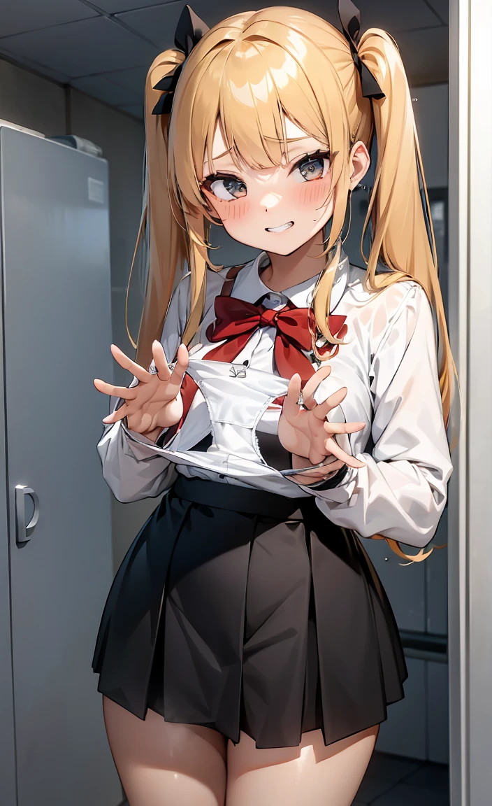 One girl,
Laundry room,washing machine, Laundry basket, a few underwears are in a Laundry basket,
Blonde, {{{Half Twin Tail:1.3}}}、break,blush, bow, 赤いbow, Long sleeve, shirt, 襟付きのshirt, skirt, プリーツskirt, 黒いskirt, Small breasts,
{{{Face close-up}}},Upper Body,,Pay attention to the panties,Quality underwear,Wet panties looking down,View your viewers,
Panties as a gift,
Tabletop, Highest quality, , Absurd, Perfect Skin, Detailed skin texture, Ultra-detailed, 8K, Intricate details, Beautifully detailed face,High resolution,
{{{Shadowed face}}}, mock, {{{Grit your teeth:1.2}}}, Grin, smile, Looking down at the viewer, masterpiece,Absurd, Beautiful detailed face when viewed from the front,