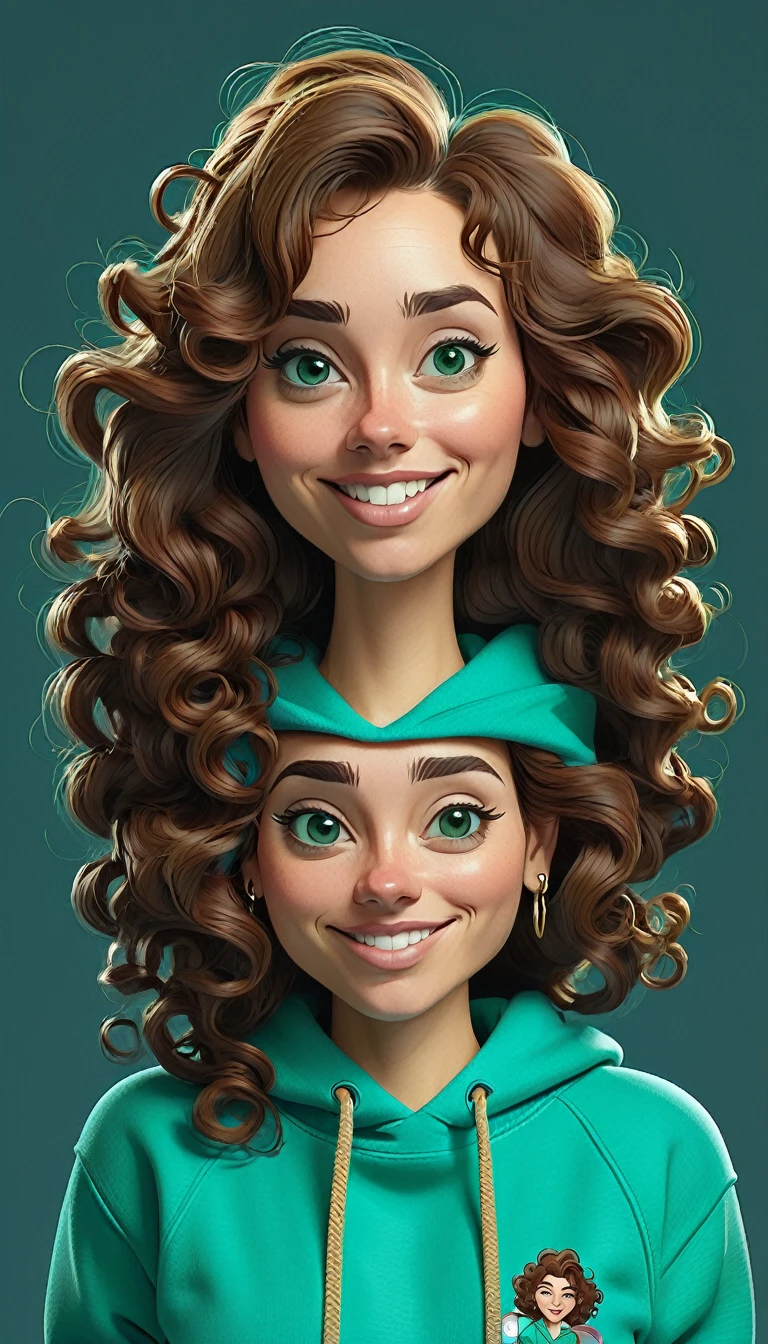 Created a full-body caricature image in high resolution, the character is a 30 year old woman, wears turquoise green sweatshirt, long and curly brown hair without highlights