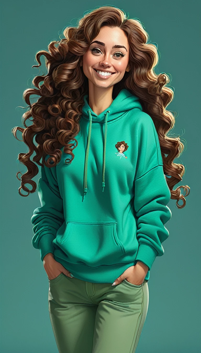 Created a full-body caricature image in high resolution, the character is a 30 year old woman, wears turquoise green sweatshirt, long and curly brown hair without highlights