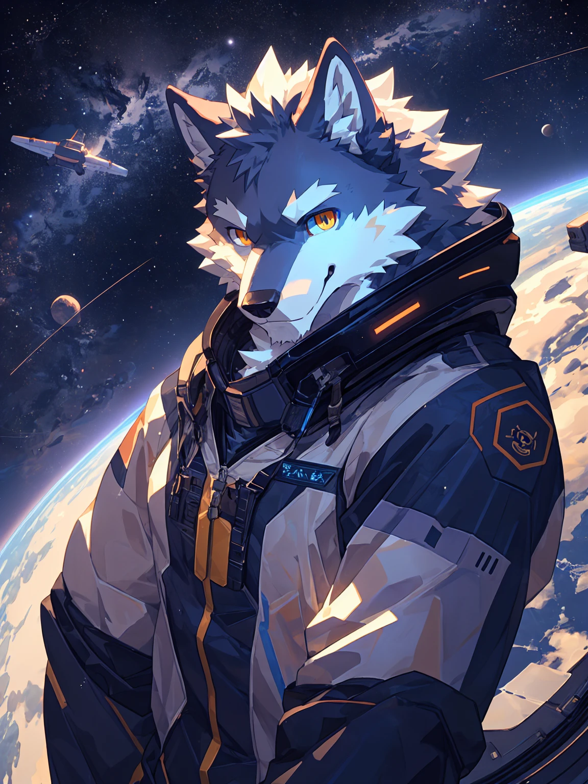 Best quality, Professional, Vivid Colors, Beautiful Lighting,
wolf, Muscular male, kemono, by zixiong, Solo, grey Fur, white body, golden eyes, pectorals, (detailed face, detailed eyes:1.5),
looking at viewer, spacesuit, space observation deck background, smirking, seductive smile,