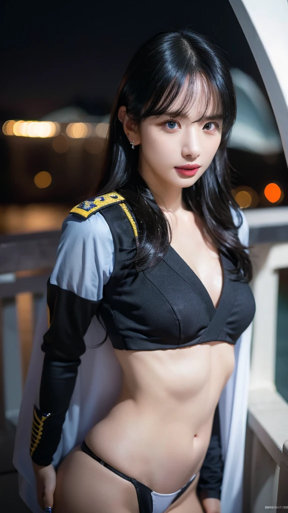 sexy police uniform, small breast, sexy pose, model pose, earring, sydney opera house, windy, hair flying, night, extremely detailed eyes, extremely detailed face, best quality, extremely detailed, one person, one girl, ultra-detailed, (realistic, photo-realistic:1.3)