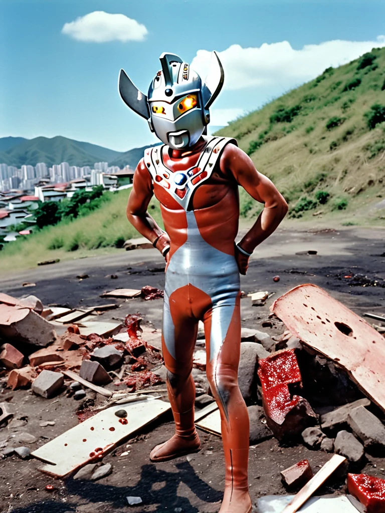 Ultraman Taro torn apart, A disjointed corpse,photo realistic, 35mm films, ultras, 4k, gay, bara, NSFW, Ultraman Taro, Aerial view, Hilly area behind suburbs, Ultraman Taro's body and limbs are torn apart and thrown into a hole, Crying Ultraman Taro's head, Cracked head, Tall and thin, Neck and limbs are long and thin, Arms cut from shoulders, Legs cut from groin, Hips and chest are cut off at waist, Pale skin, Hairy, Small penis, Tube attached to penis, Neck is torn off from body, Unlit grey eyes, Beam lamp on forehead is also grey, Helmet with many cracks, Blood flows from open mouth,