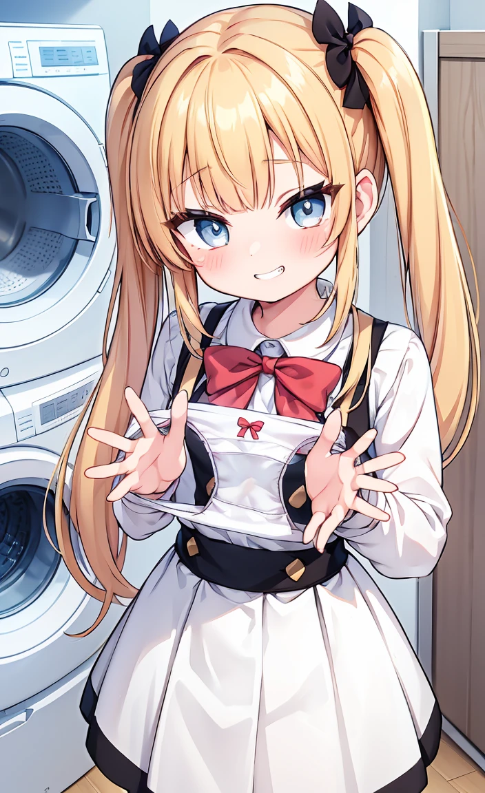 One girl,
Laundry room,washing machine, Laundry basket, a few underwears are in a Laundry basket,
Blonde, {{{Half Twin Tail:1.3}}}、break,blush, bow, 赤いbow, Long sleeve, shirt, 襟付きのshirt, skirt, プリーツskirt, 黒いskirt, Small breasts,
{{{Face close-up}}},Upper Body,,Pay attention to the panties,Quality underwear,Wet panties looking down,View your viewers,
Panties as a gift,
Tabletop, Highest quality, , Absurd, Perfect Skin, Detailed skin texture, Ultra-detailed, 8K, Intricate details, Beautifully detailed face,High resolution,
 {{{Shadowed face}}}, mock, {{{Grit your teeth:1.2}}}, Grin, smile, Looking down at the viewer, masterpiece,Absurd, Beautiful detailed face when viewed from the front,