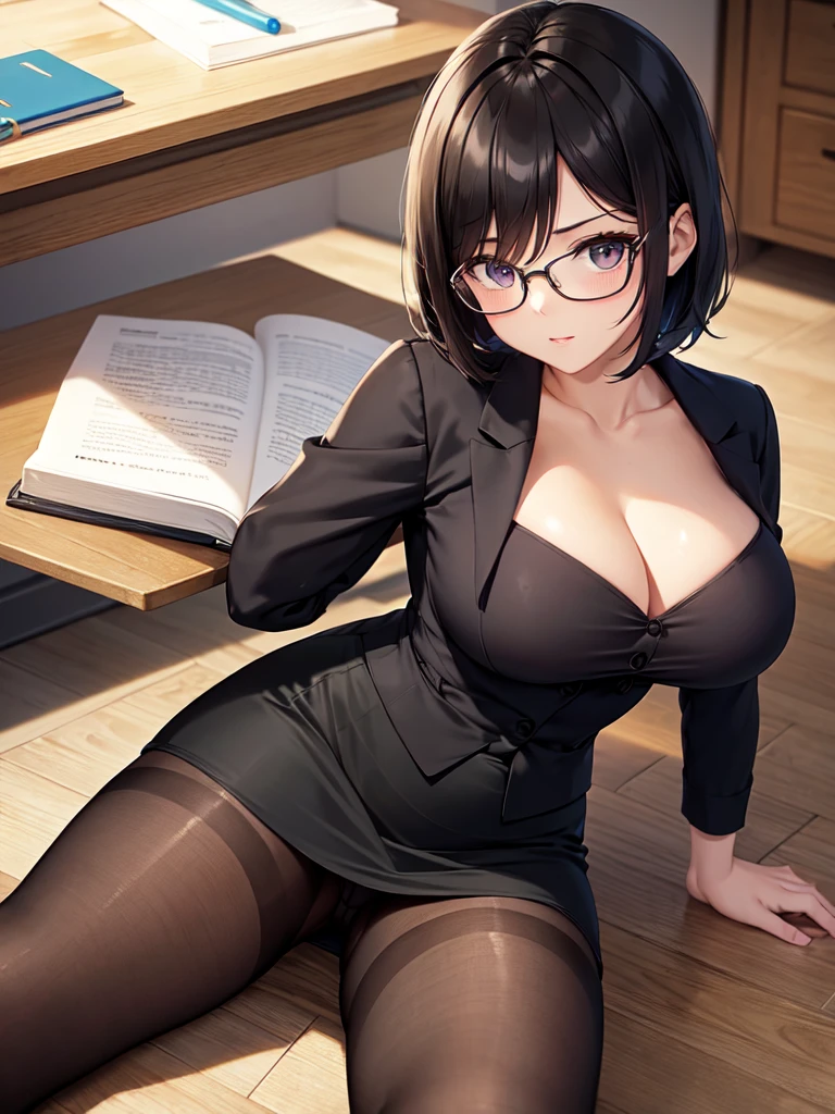 masterpiece, best quality, high definition images, atmospheric perspective, expressive eyes, perfect face, ultra detailed, solo, 1mature seductive woman lying down on her back, pinup, alluring pose, female teacher, black short bob hair, simple glasses, business suit, blouse, pencil skirt, tight mini skirt, lifting skirt, open legs, black panties, curvy, thighs, pantyhose, high heals, from above, in study room,