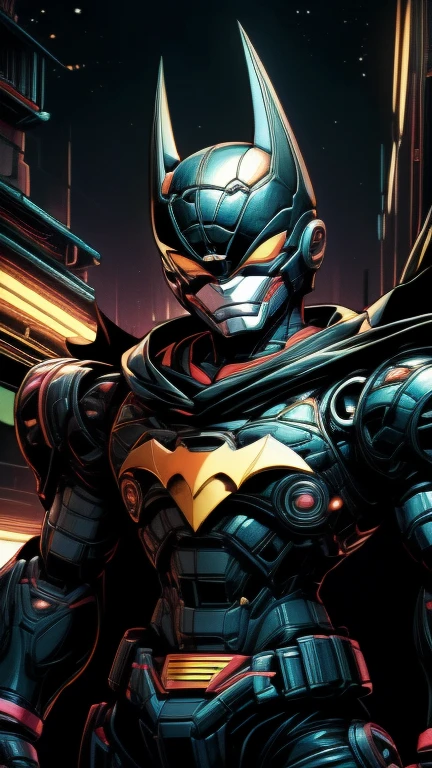 (8k),(masterpiece),(Japanese),(8-year-old boy),((innocent look)),((Childish)),From the front,smile,cute,Innocent,Kind eyes,Flat chest, black helmet, black domino mask,white mask black cape, Batman,Bald,No Hair, Henshin Pose,night,dark, Neon light cyberpunk city,camisa,RARS