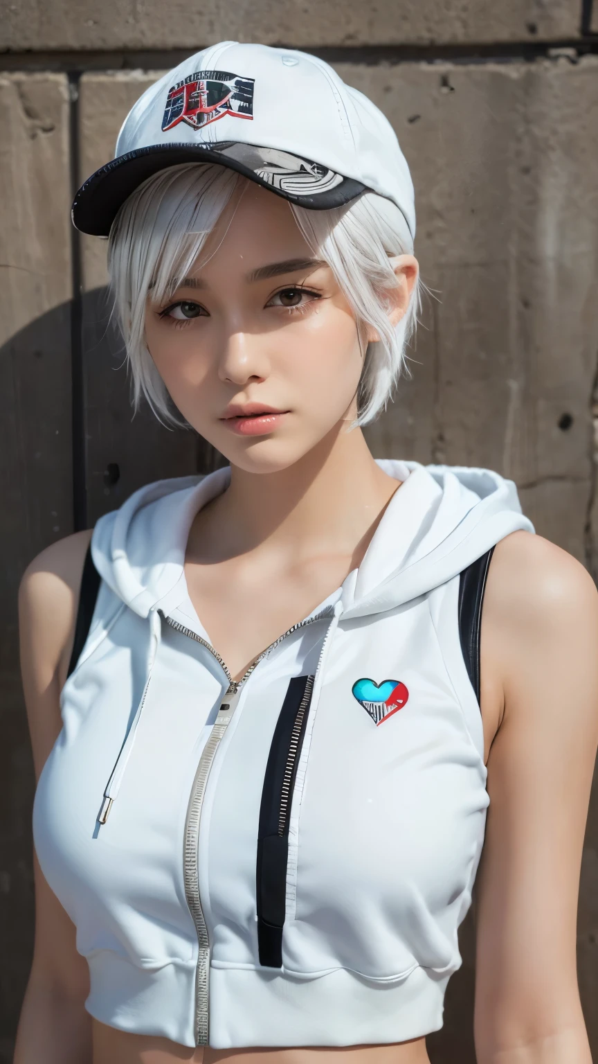 masterpiece, Highest quality, Very detailed, 8K, Realistic, One Girl, alone, Tomboy, Very detailed face, (head shot:1.5), Standing in front of a wall covered in hip hop graffiti, Pixie cut white hair, He is wearing a short tank top and an open-zipped hoodie..,I can see your chest,Nice ass,Wear a New Era cap,Facing forward
