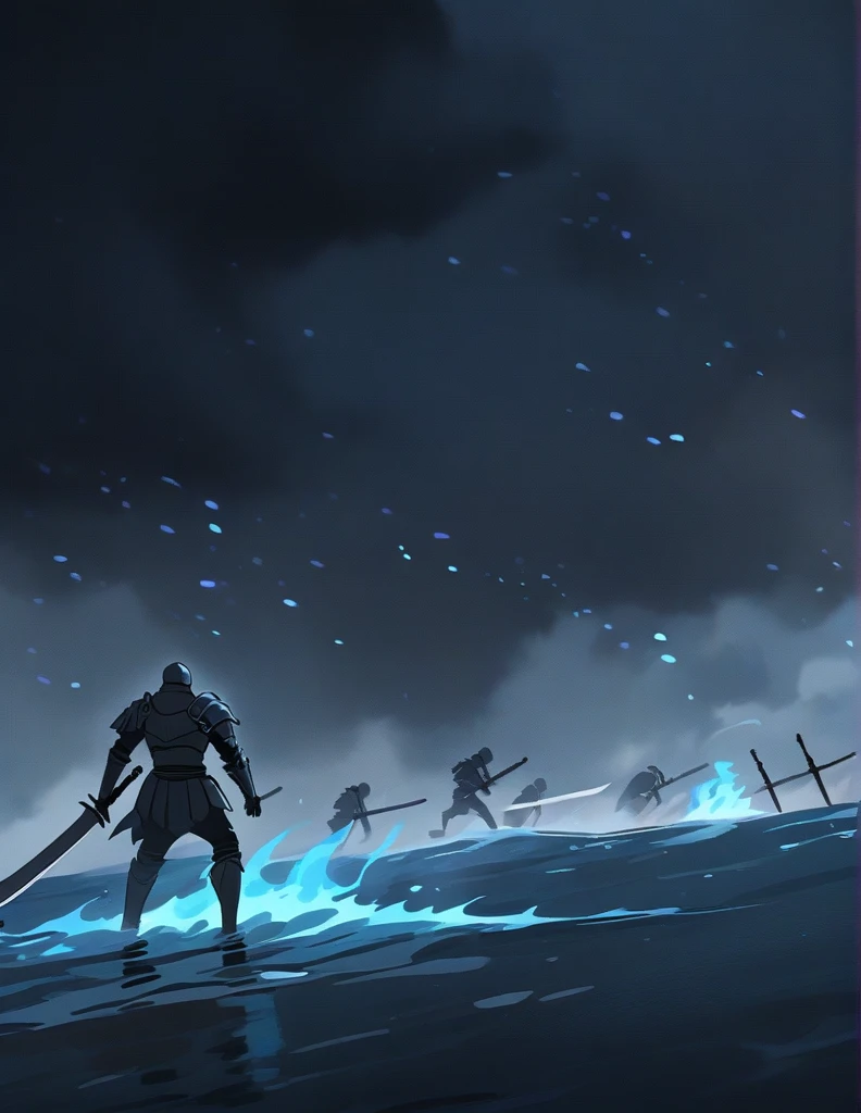 skeletons armed with swords, walking through the ocean with blue flames, on a gray stormy night, killing soldier in armor