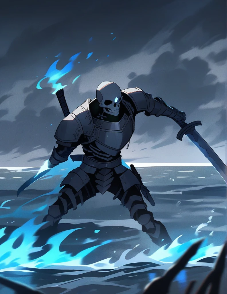 skeletons armed with swords, walking through the ocean with blue flames, on a gray stormy night, killing soldier in armor