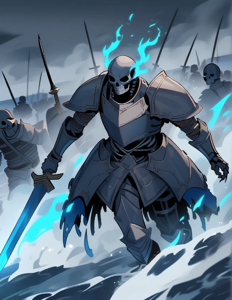 skeletons armed with swords, walking through the ocean with blue flames, on a gray stormy night, killing soldier in armor