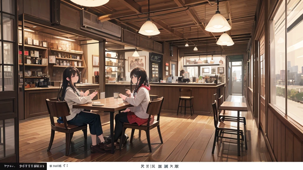 (8K、RAWE Photo、Highest quality、masterpiece:1.2)、Highest quality、Ultra-high resolution、Emotional Girls)Coffee shop、chill,Retro、Sitting in a chair,evening、Inside the store